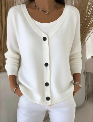 Woman wearing a plain long sleeve loose-fit V-neck casual cardigan