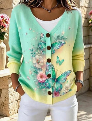 Green floral long sleeve vintage cardigan with V-neckline and loose relaxed fit