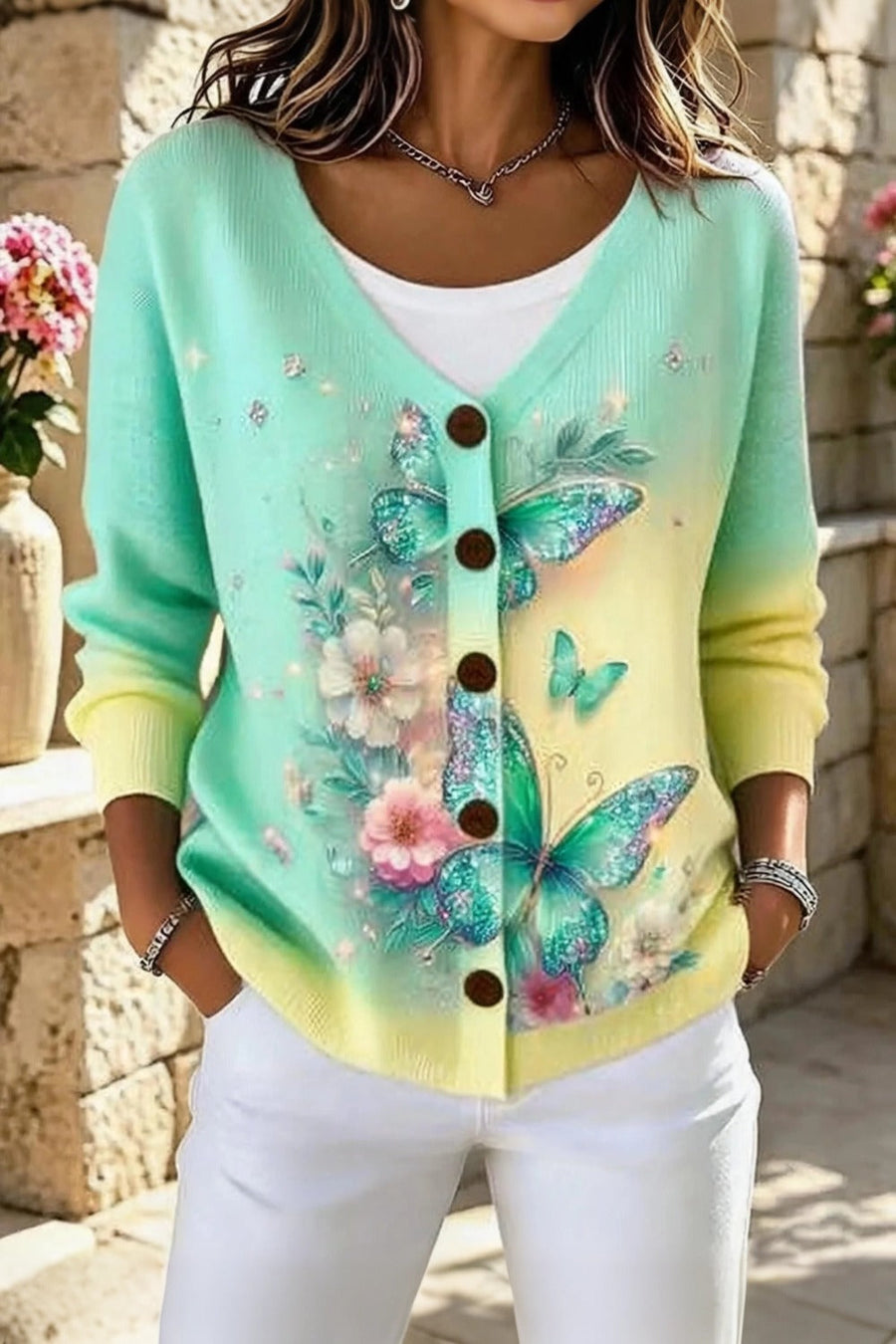 Green floral long sleeve vintage cardigan with V-neckline and loose relaxed fit