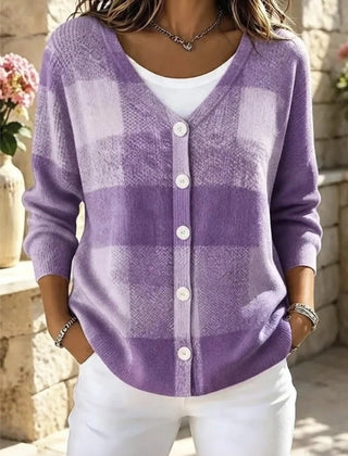 Purple plain long sleeve V-neck cardigan with a relaxed loose fit