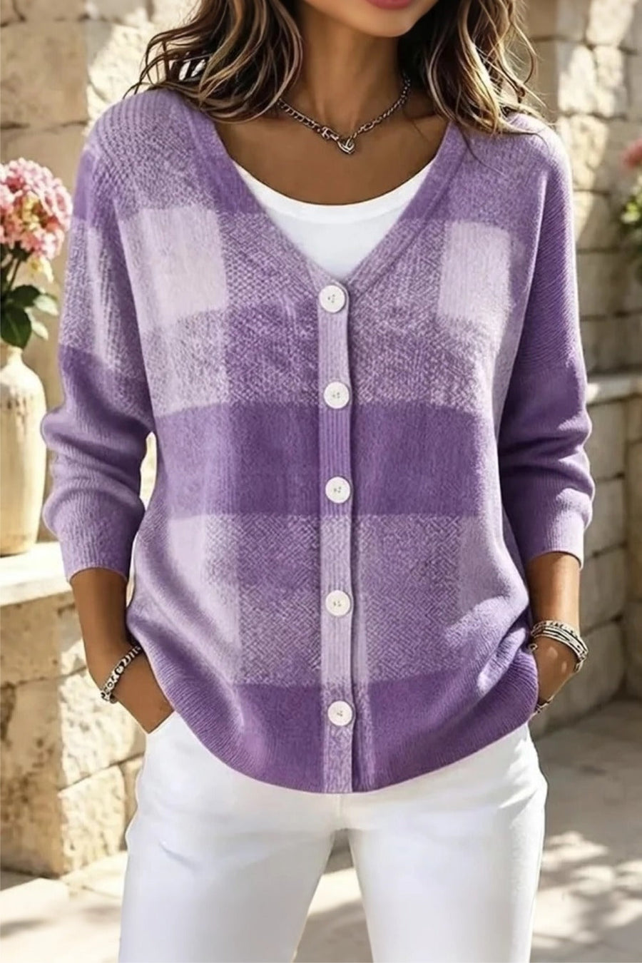 Purple plain long sleeve V-neck cardigan with a relaxed loose fit