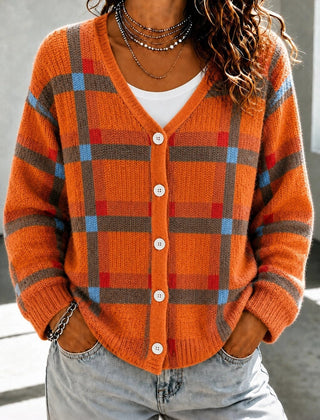 Orange geometric long sleeve V-neck casual cardigan in a relaxed loose fit