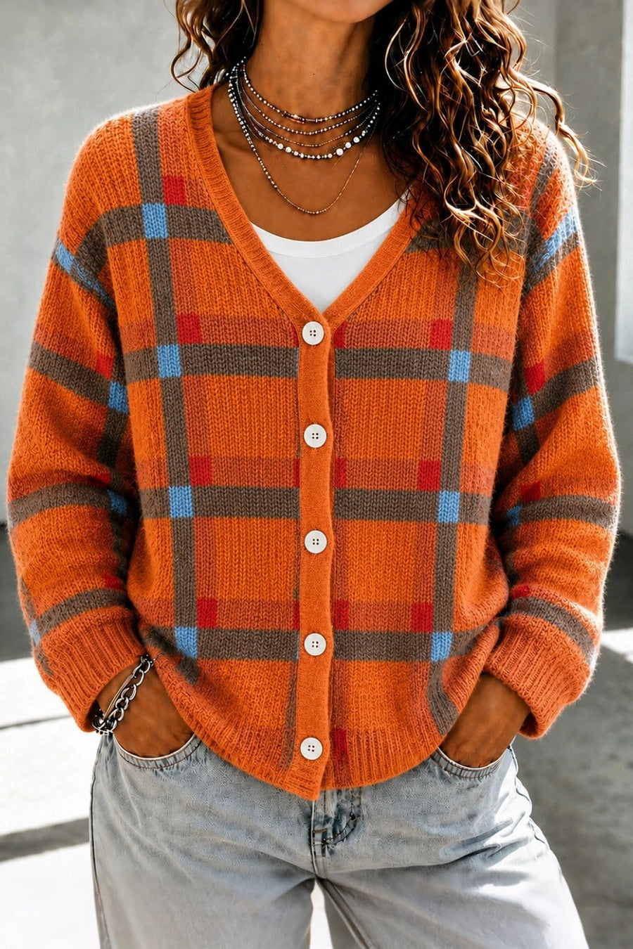 Orange geometric long sleeve V-neck casual cardigan in a relaxed loose fit