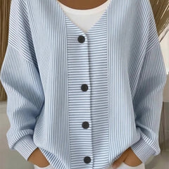 Women's striped long sleeve V-neck casual cardigan in a relaxed loose fit