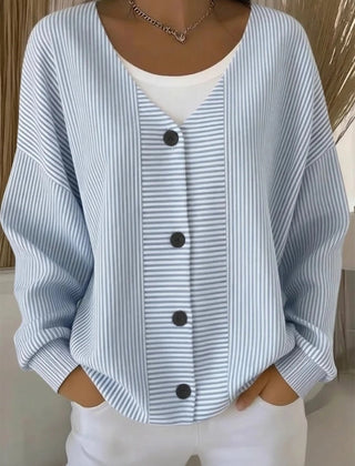Women's striped long sleeve V-neck casual cardigan in a relaxed loose fit