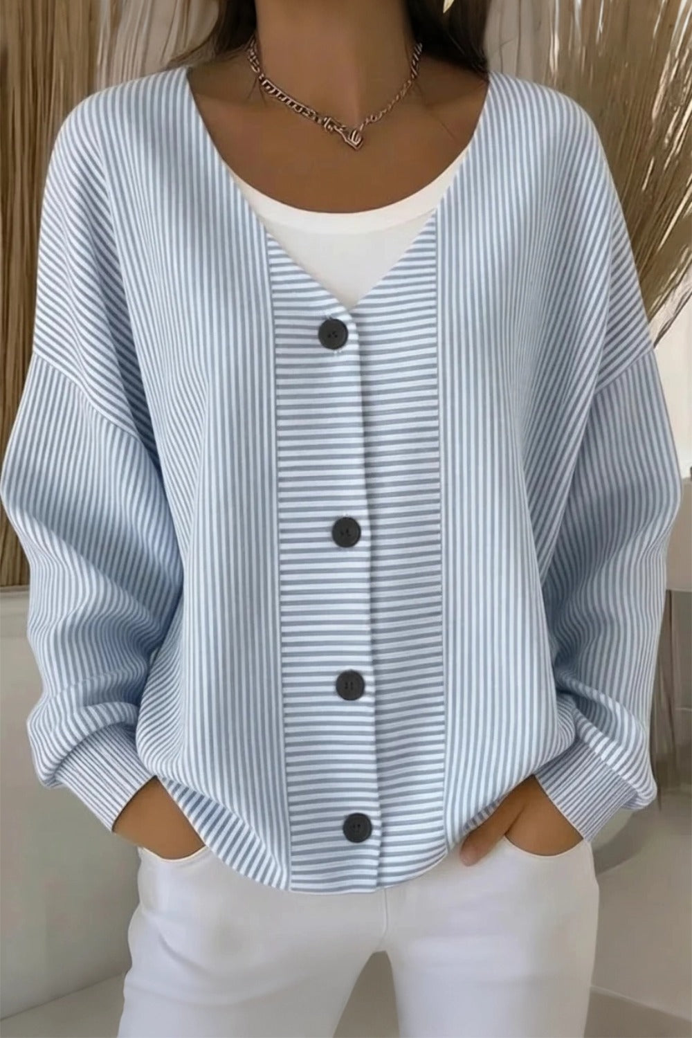 Women's striped long sleeve V-neck casual cardigan in a relaxed loose fit