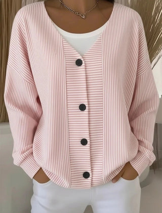Women's striped long sleeve V-neck casual cardigan in a relaxed loose fit