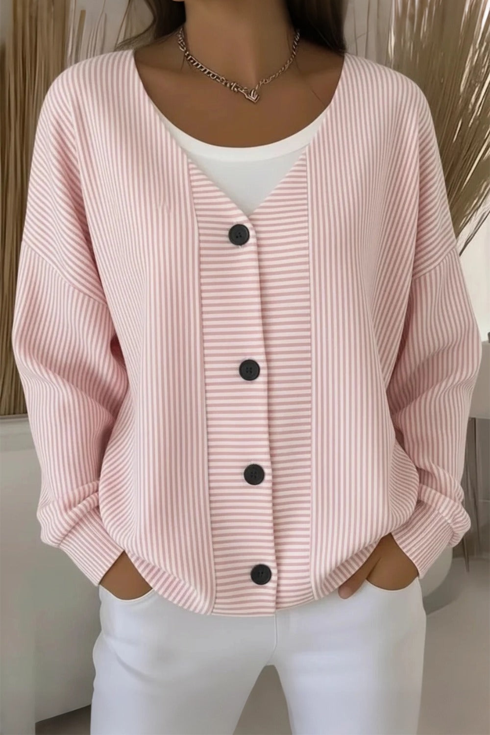 Women's striped long sleeve V-neck casual cardigan in a relaxed loose fit