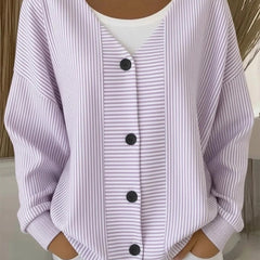 Women's striped long sleeve V-neck casual cardigan in a relaxed loose fit