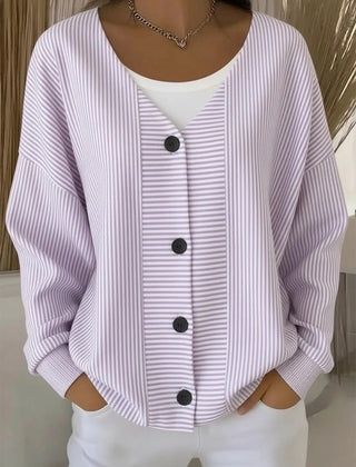 Women's striped long sleeve V-neck casual cardigan in a relaxed loose fit