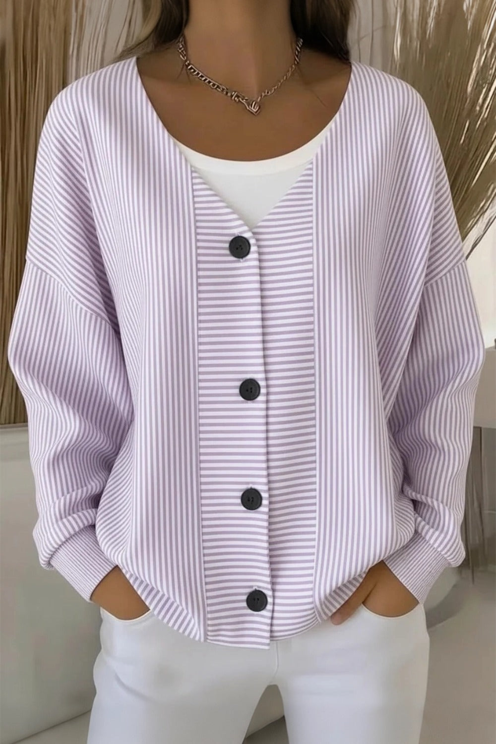 Women's striped long sleeve V-neck casual cardigan in a relaxed loose fit