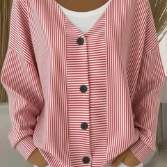 Women's striped long sleeve V-neck casual cardigan in a relaxed loose fit