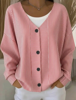 Women's striped long sleeve V-neck casual cardigan in a relaxed loose fit