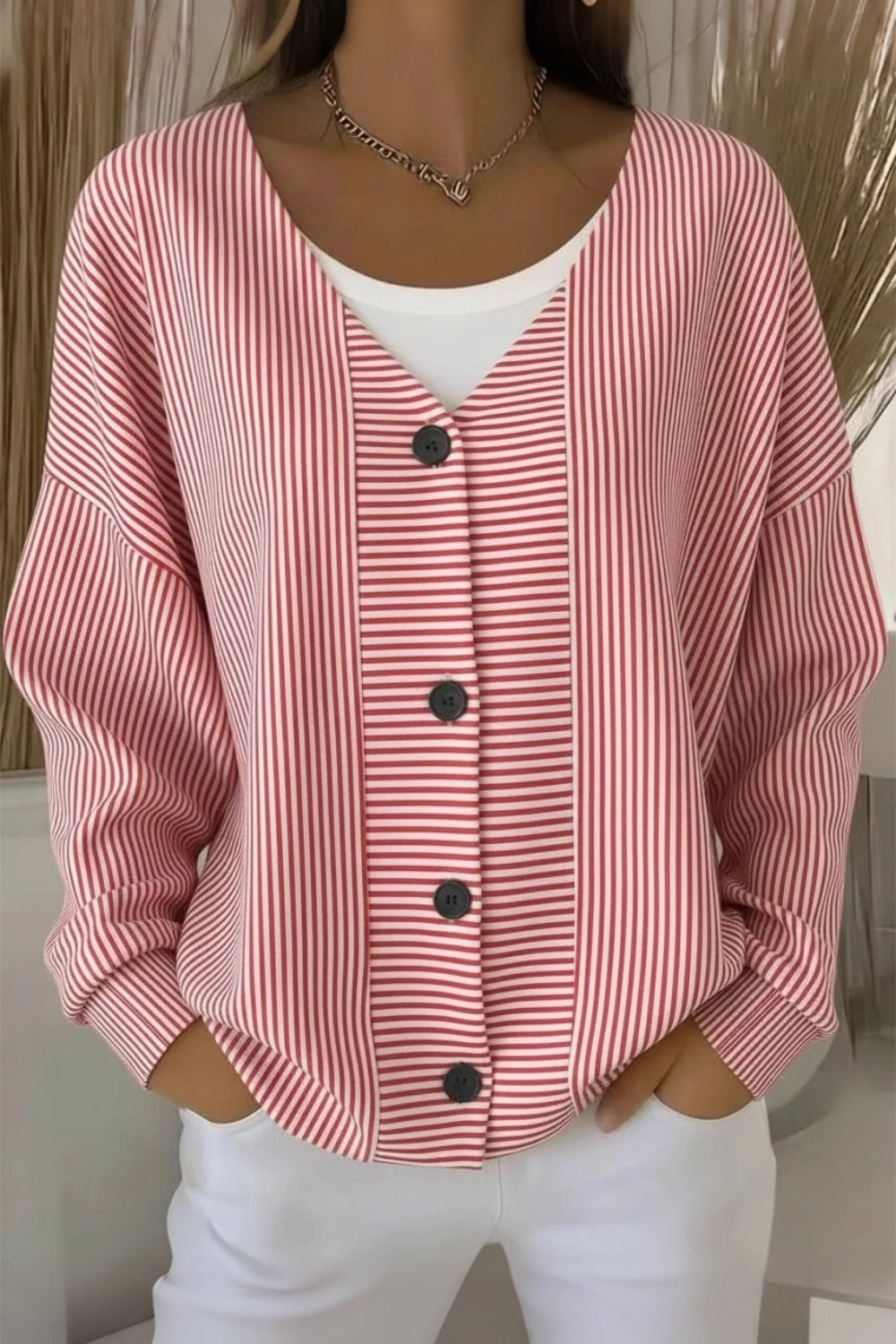 Women's striped long sleeve V-neck casual cardigan in a relaxed loose fit