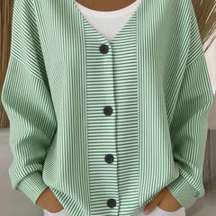Women's striped long sleeve V-neck casual cardigan in a relaxed loose fit