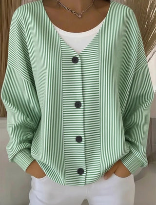 Women's striped long sleeve V-neck casual cardigan in a relaxed loose fit