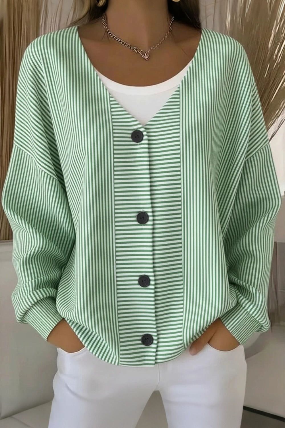 Women's striped long sleeve V-neck casual cardigan in a relaxed loose fit