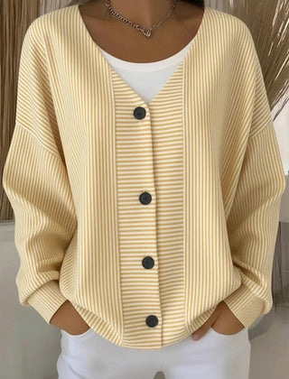 Women's striped long sleeve V-neck casual cardigan in a relaxed loose fit