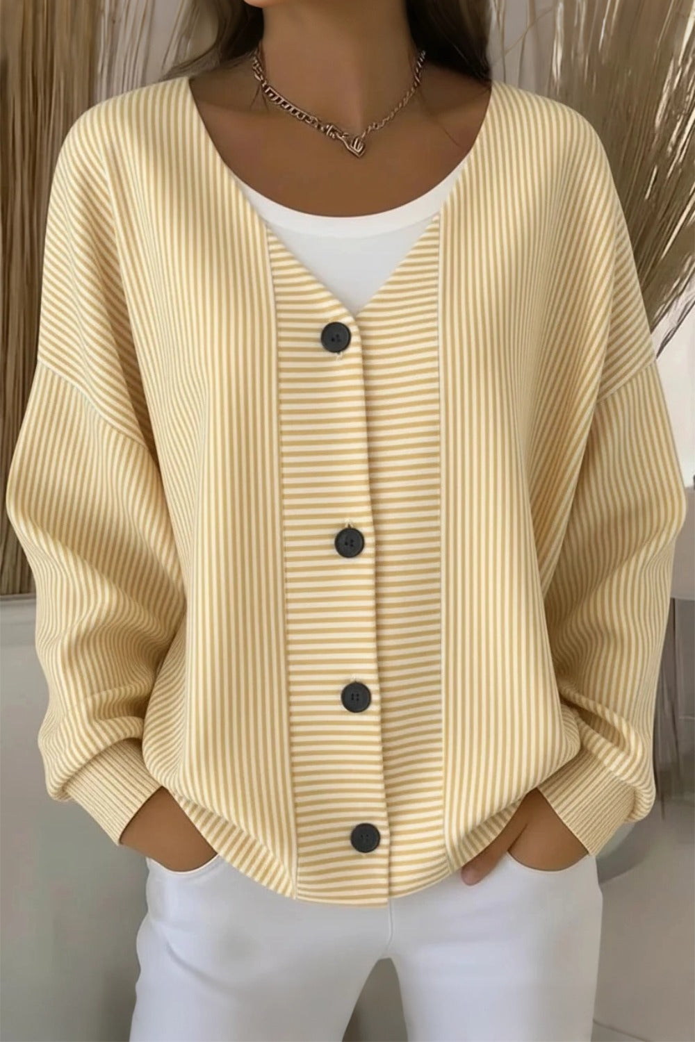 Women's striped long sleeve V-neck casual cardigan in a relaxed loose fit