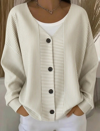 Women's striped long sleeve V-neck casual cardigan in a relaxed loose fit