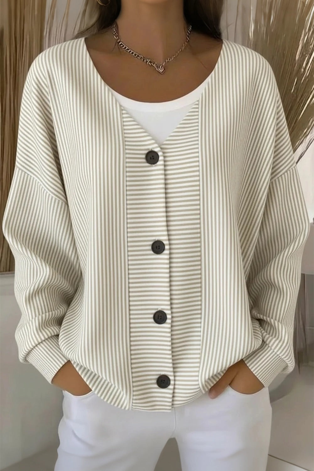 Women's striped long sleeve V-neck casual cardigan in a relaxed loose fit
