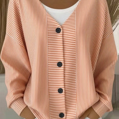 Women's striped long sleeve V-neck casual cardigan in a relaxed loose fit
