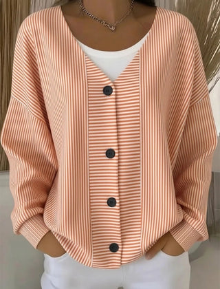 Women's striped long sleeve V-neck casual cardigan in a relaxed loose fit