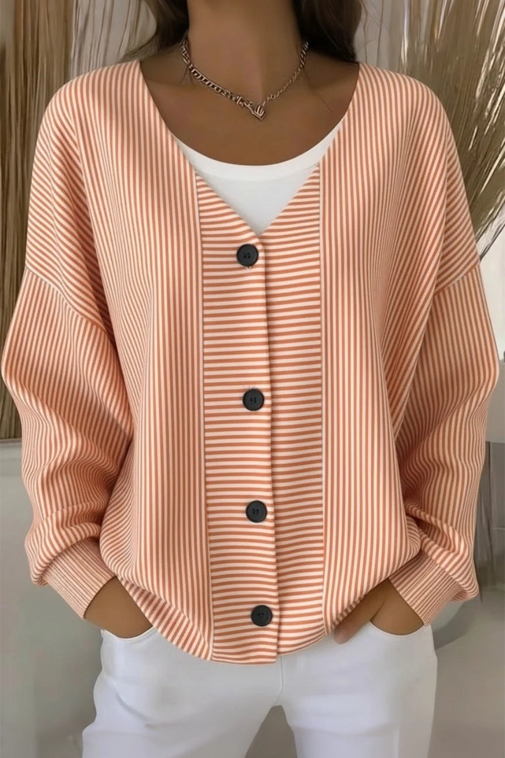 Women's striped long sleeve V-neck casual cardigan in a relaxed loose fit