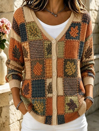Women's loose-fit leaf-print long sleeve cardigan with V neckline