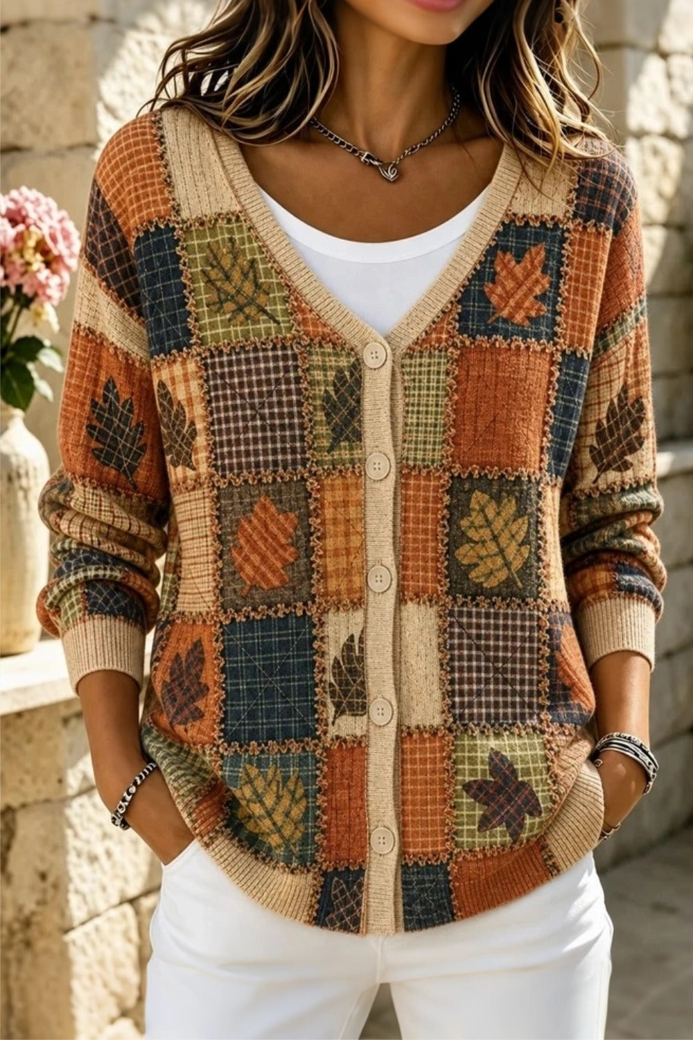 Women's loose-fit leaf-print long sleeve cardigan with V neckline