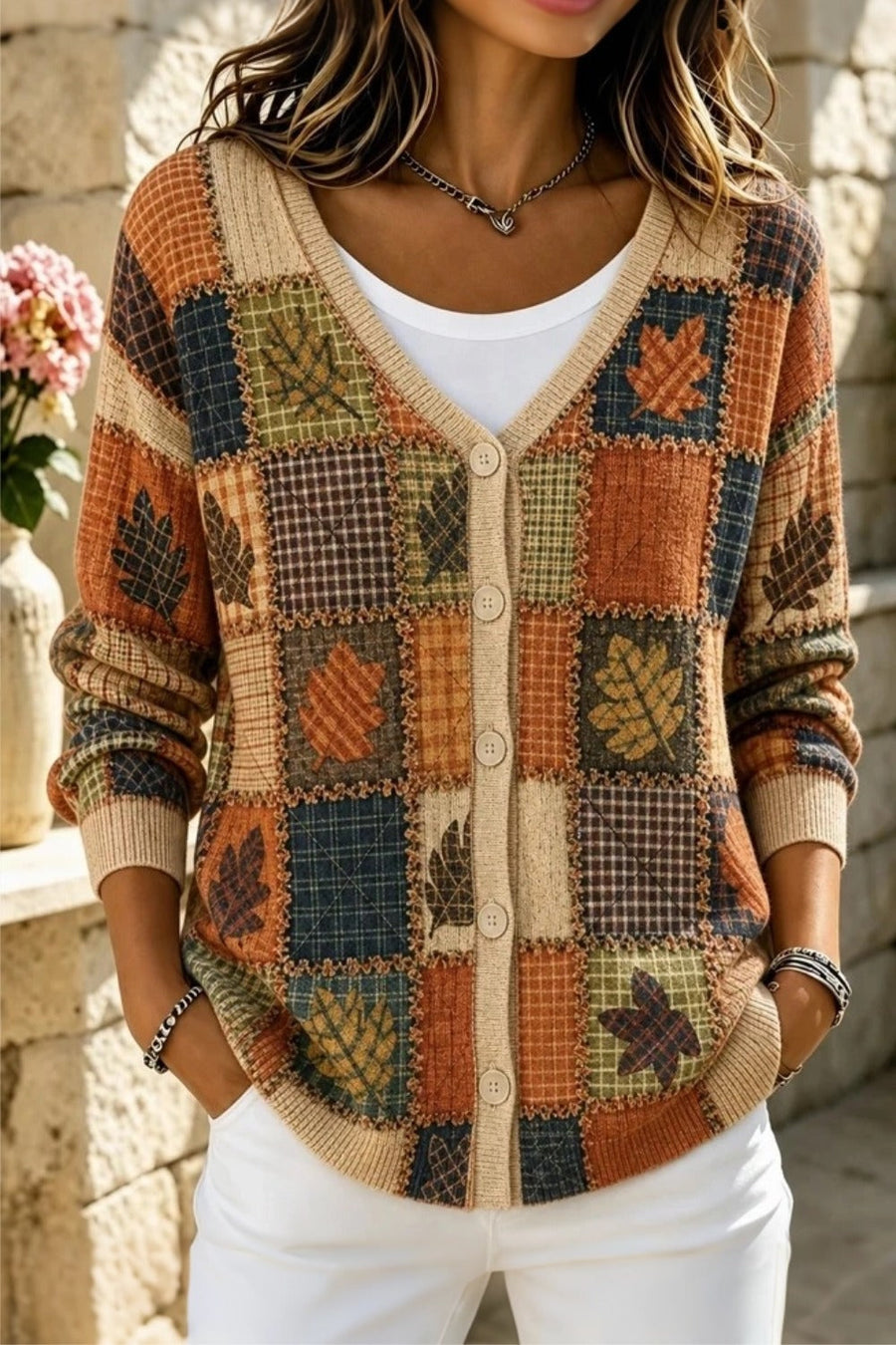 Women's loose-fit leaf-print long sleeve cardigan with V neckline