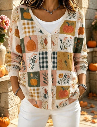 Women's floral long sleeve V-neck cardigan in a relaxed loose fit