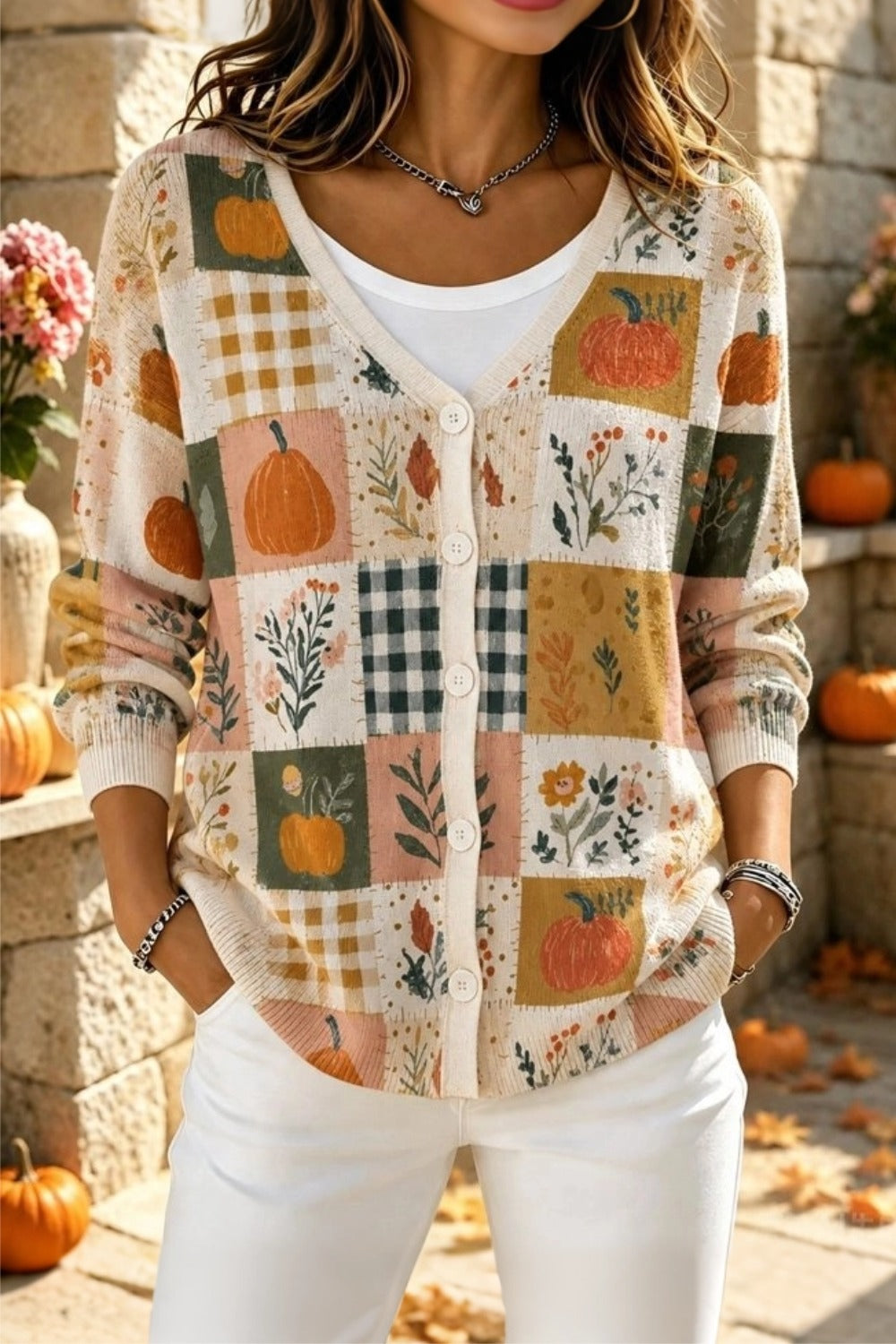 Women's floral long sleeve V-neck cardigan in a relaxed loose fit