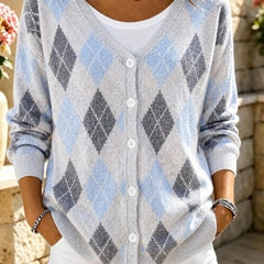 Women's geometric knit long sleeve V-neck casual cardigan in a relaxed loose fit