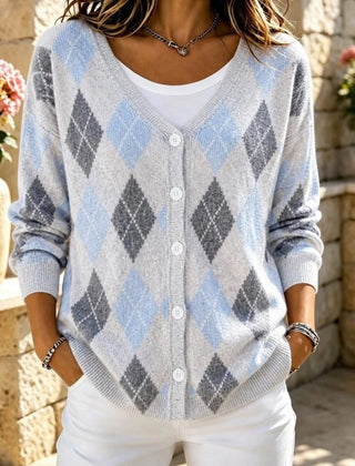 Women's geometric knit long sleeve V-neck casual cardigan in a relaxed loose fit