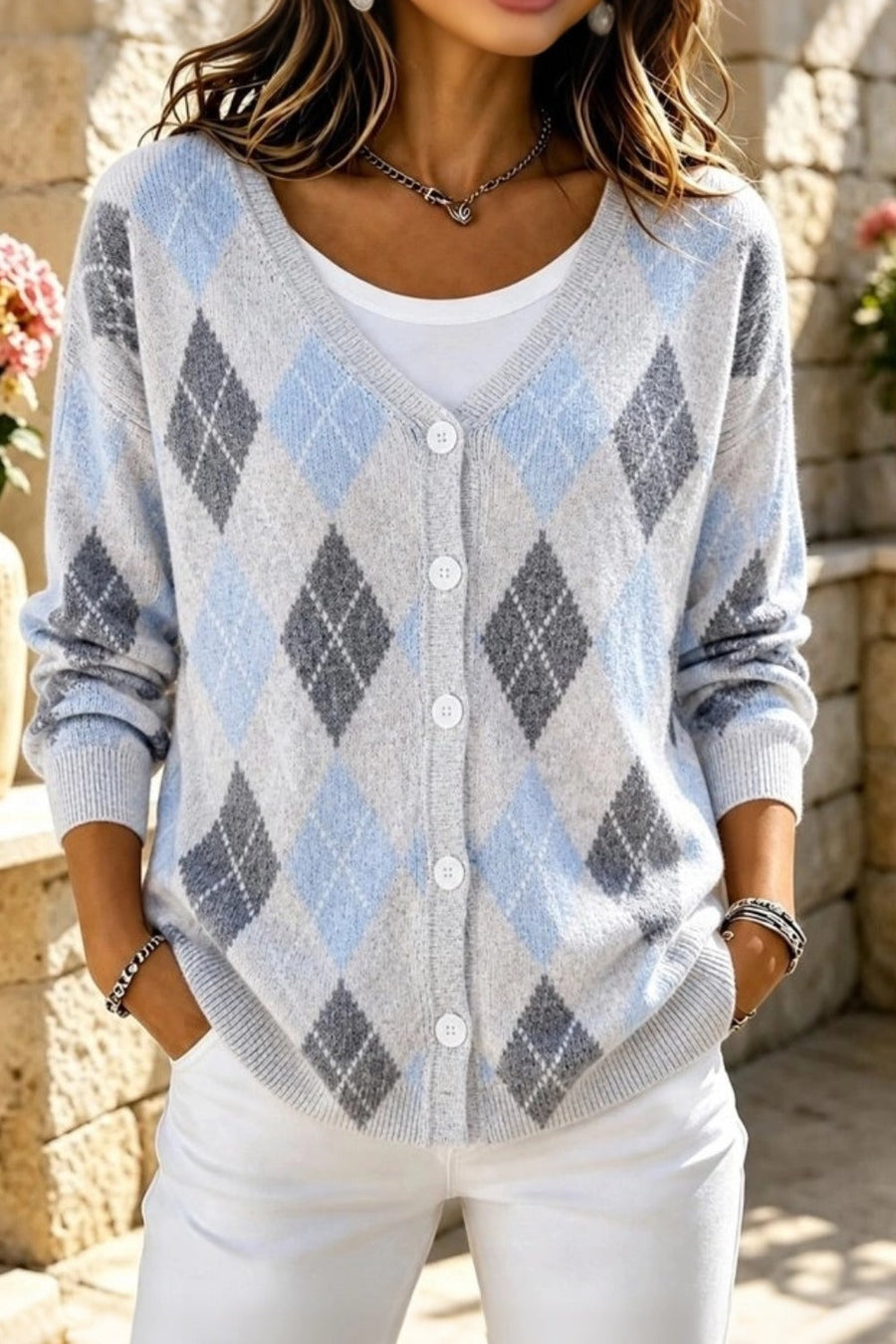 Women's geometric knit long sleeve V-neck casual cardigan in a relaxed loose fit