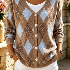 Women's geometric knit long sleeve V-neck casual cardigan in a relaxed loose fit