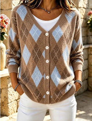 Women's geometric knit long sleeve V-neck casual cardigan in a relaxed loose fit