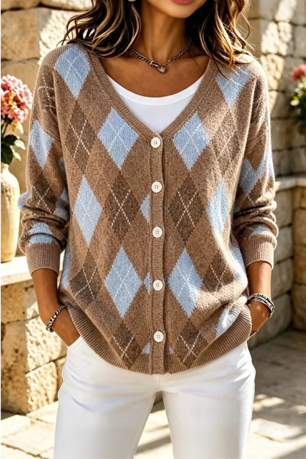 Women's geometric knit long sleeve V-neck casual cardigan in a relaxed loose fit