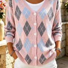 Women's geometric knit long sleeve V-neck casual cardigan in a relaxed loose fit