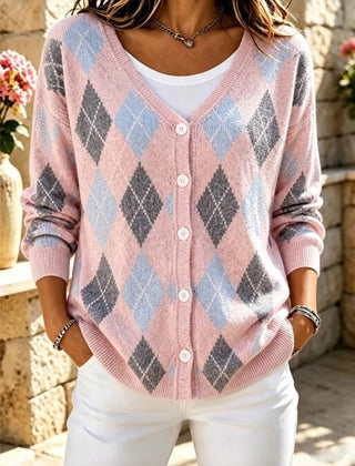 Women's geometric knit long sleeve V-neck casual cardigan in a relaxed loose fit