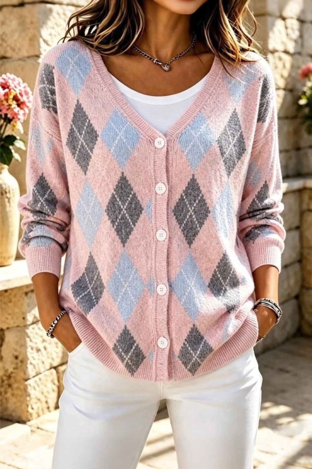 Women's geometric knit long sleeve V-neck casual cardigan in a relaxed loose fit