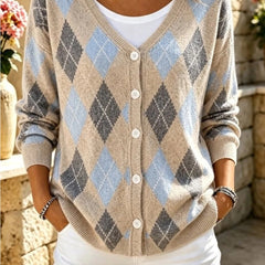 Women's geometric knit long sleeve V-neck casual cardigan in a relaxed loose fit