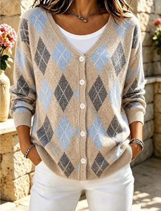 Women's geometric knit long sleeve V-neck casual cardigan in a relaxed loose fit