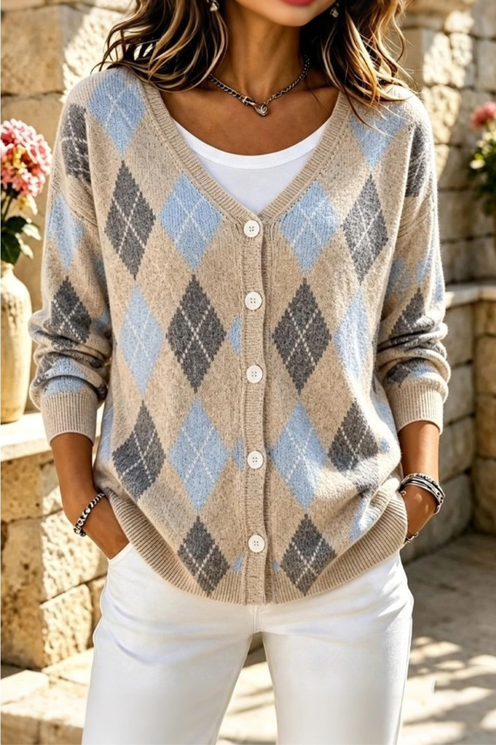 Women's geometric knit long sleeve V-neck casual cardigan in a relaxed loose fit
