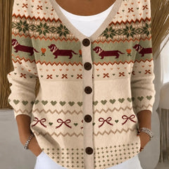 Women's loose-fit knit cardigan with playful dog motif and V-neckline