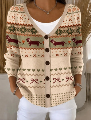 Women's loose-fit knit cardigan with playful dog motif and V-neckline