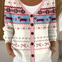 Women's loose-fit knit cardigan with playful dog motif and V-neckline