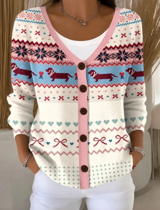 Women's loose-fit knit cardigan with playful dog motif and V-neckline