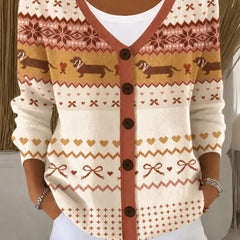 Women's loose-fit knit cardigan with playful dog motif and V-neckline